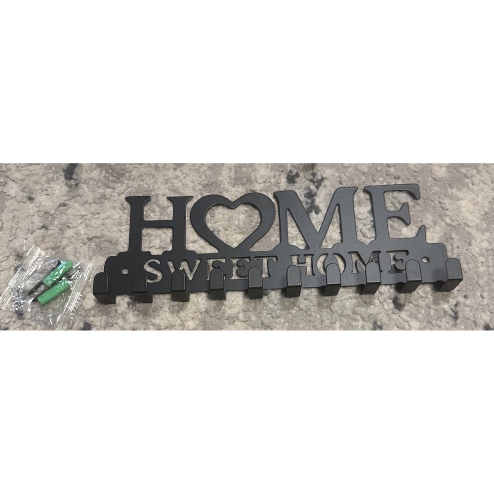 HOME SWEET HOME KEY HOOK RACK KEY HOOK METAL BLACK 9 HOOKS WALL MOUNT NEW